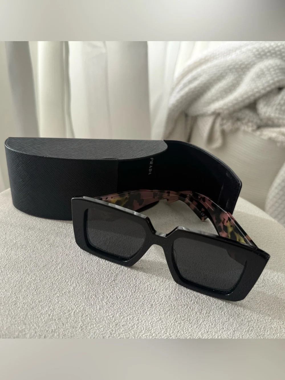 Prada Black Rectangle Sunglasses with Pink Tortoiseshell Temples